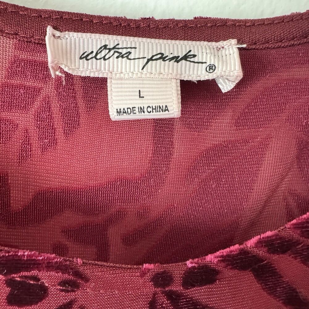ULTRA PINK Fairy Top Burnout Velvet Floral Blouse Flare Sleeve Burgundy Size L - Picture 3 of 7